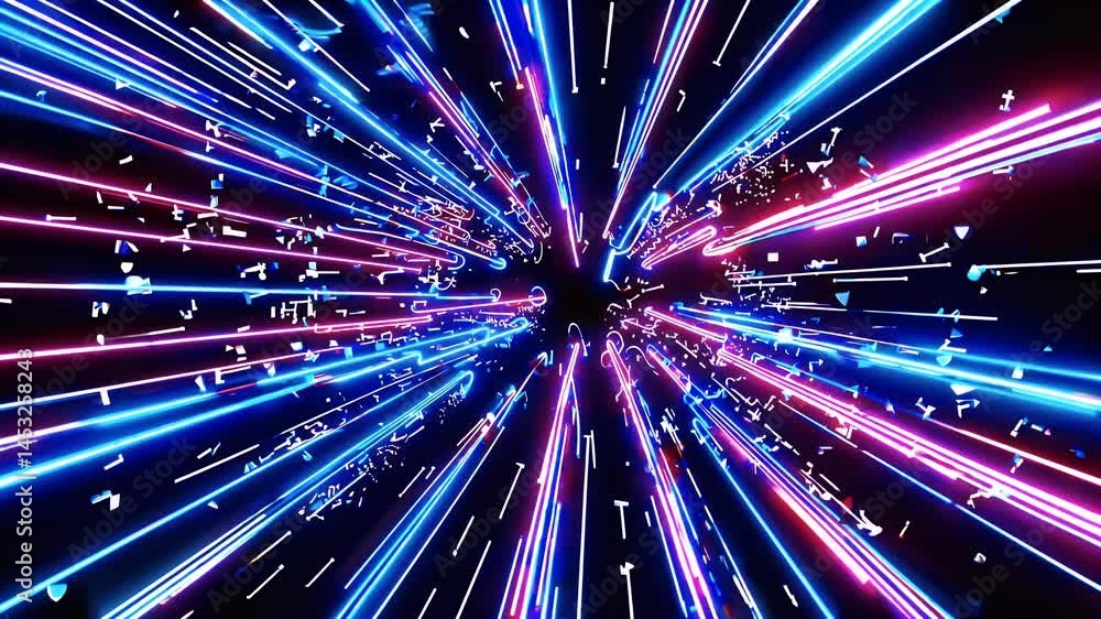 Poster high speed neon line animation zooms inward endlessly glowing particles giving mesmerizing infinite 