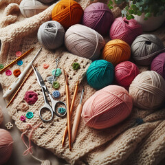 Flat Lay of Colorful Yarn Balls and Knitting Tools on Cozy Fabric