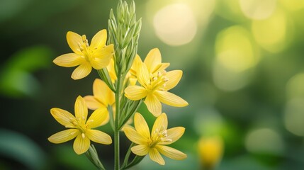 Fototapeta premium Radiant yellow star-shaped flowers blossoming in serene natural light