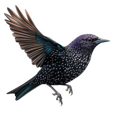Obraz premium A European Starling in flight showing its beautiful colors and feathers. The image focuses on a single bird, showcasing its details and unique characteristics.