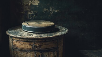 Fototapeta premium A vintage record player sits on a weathered wooden bedside table