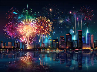 Colorful Fireworks Over City Skyline at Night with Reflections on Water and Wooden Deck – ai