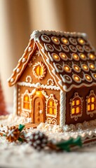 gingerbread house is lit up for christmas