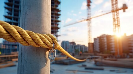 Construction site safety rope secured to a post