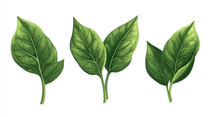 Fototapeta premium Three vibrant green leaves, detailed illustration