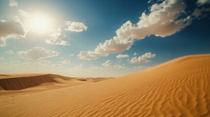 Naklejka premium A vast desert landscape under a bright sun with cloudy sky