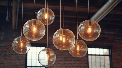 Several hanging spherical glass lamps with glowing filaments and wires