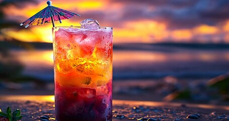 Colorful cocktail with an umbrella on a beach at sunset, showcasing vibrant hues and relaxation
