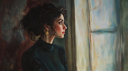 Fototapeta premium Elegant woman in green gazing through old window frame oil art gaze dark hair gold mood home wall