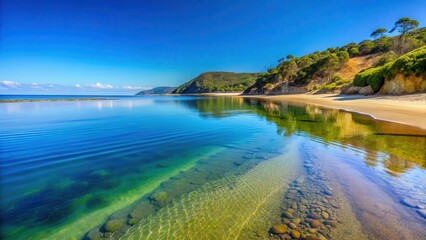 A serene and peaceful beach at low tide with calm turquoise waters reflecting the clear blue sky and surrounding hills in Melbourne , blue sky, tranquility