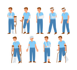 Set of young man injury pose symptoms gesture with pain set collection with hand, leg, head, neck injury. Disease sick or disorder, illness gesture illustration. Adult male got accident using bandage.