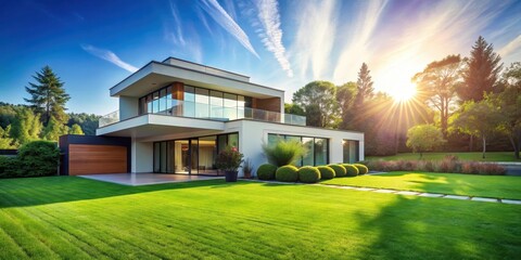 A modern house with a lush green lawn and vibrant grass under a clear blue sky on a sunny day with warm sunlight filtering through the trees , modern home, architectural style