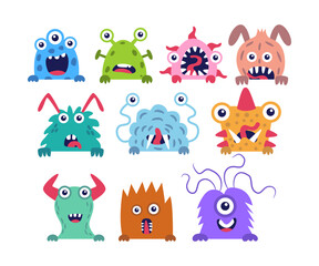 Set of cute peeking monster cartoon set collection, cute peekaboo monsters holding frames character out of background. Colorful funny little monsters. Halloween background, birthday party card. © vesvocrea