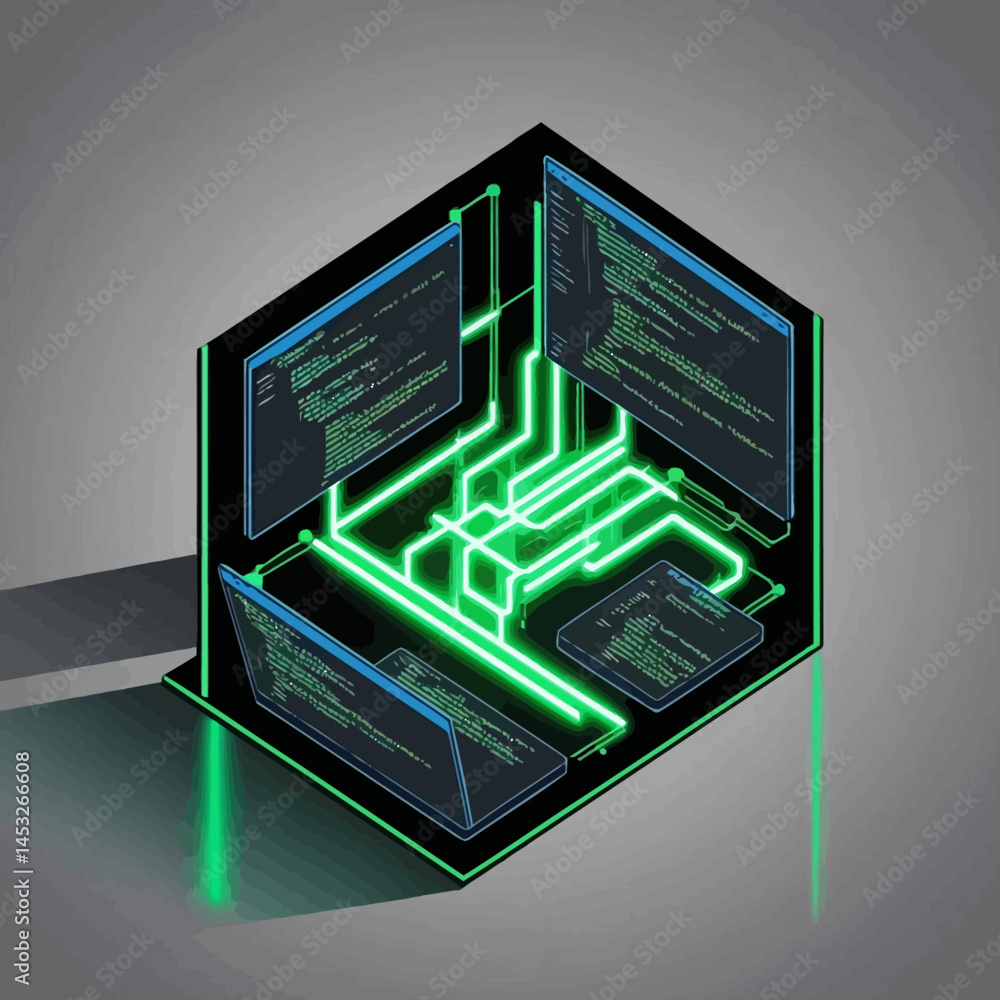 Poster isometric view of a data circuit, green neon lines, and code