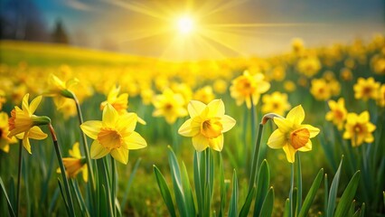 Fototapeta premium Bright yellow daffodils blooming in a lush green meadow, stretching from top left to bottom right, with the warm sun shining down on them, daffodil field, yellow flowers in bloom