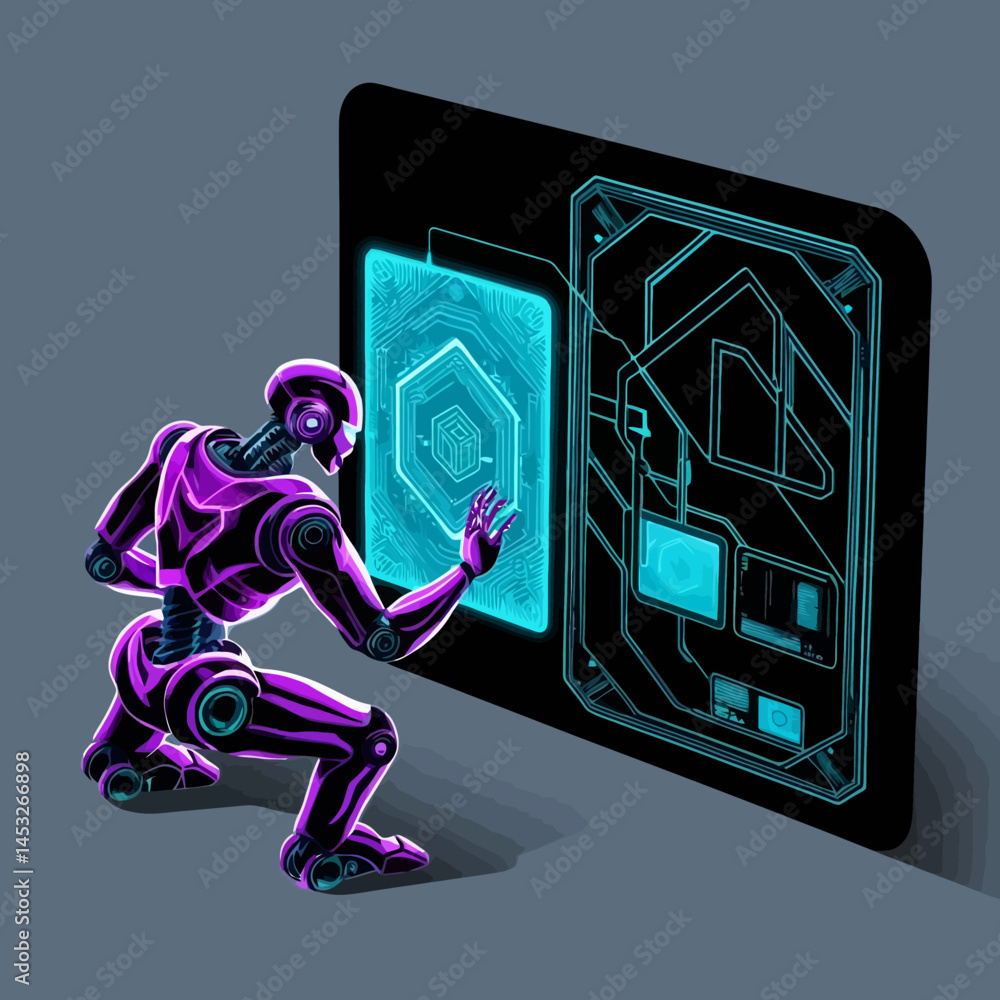 Poster robot interacting with futuristic digital interface