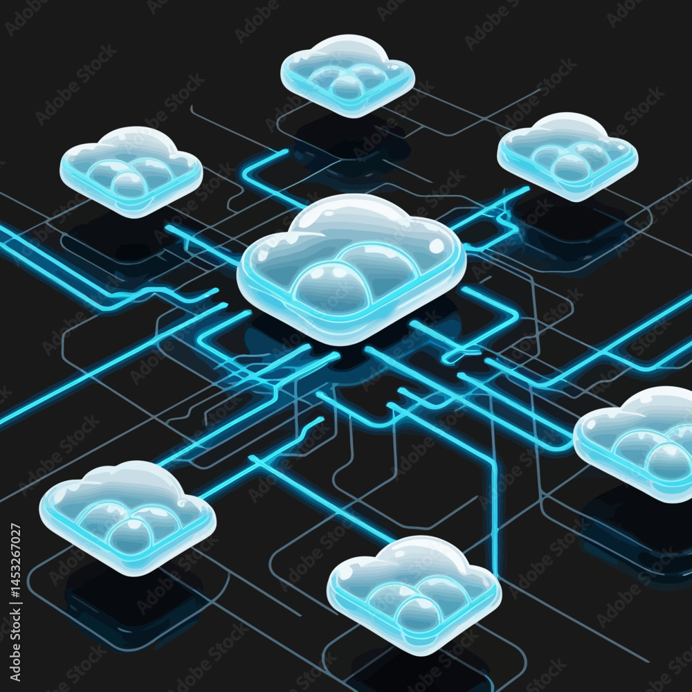Poster cloud computing concept: illuminated cloud icons with circuitry