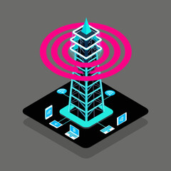 Isometric View of a Cellular Tower, WiFi Signal, and Connected Devices