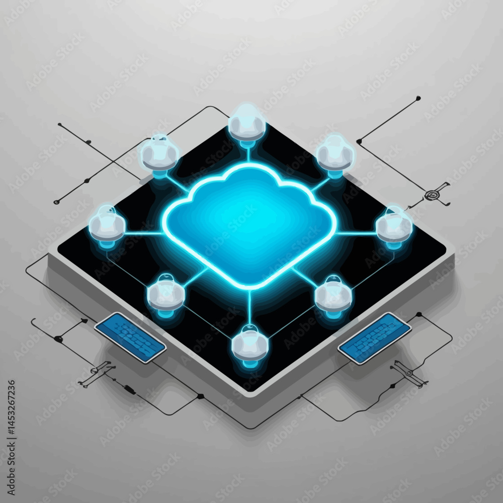 Poster cloud computing concept with glowing cloud icon and network