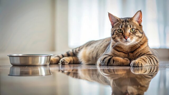 A lazy cat stretches out on a soft surface, its rounded belly exposed as it gazes listlessly at the water bowl in front of it , pet