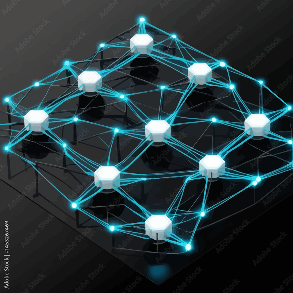 Poster isometric view of a glowing networked system with connections