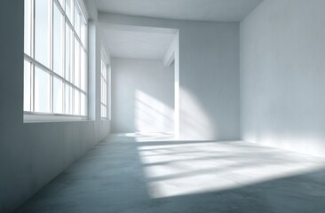 Fototapeta premium Bright Light Enters the Empty Room Through the Large Window with Shadow and Minimalist Interior