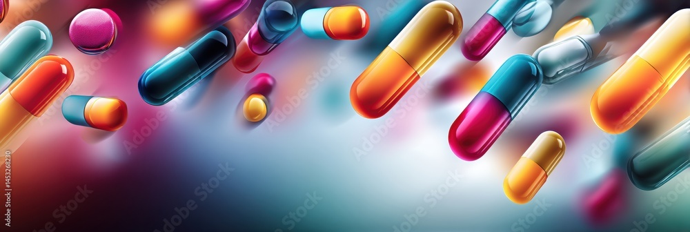 Fototapete exploring vibrant medicine capsules suspended in a soft gradient background with a dynamic abstract 