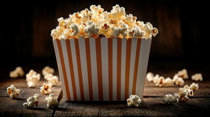 Popcorn in striped box on wooden table