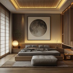 Modern Japanese bedroom interior design concept.
