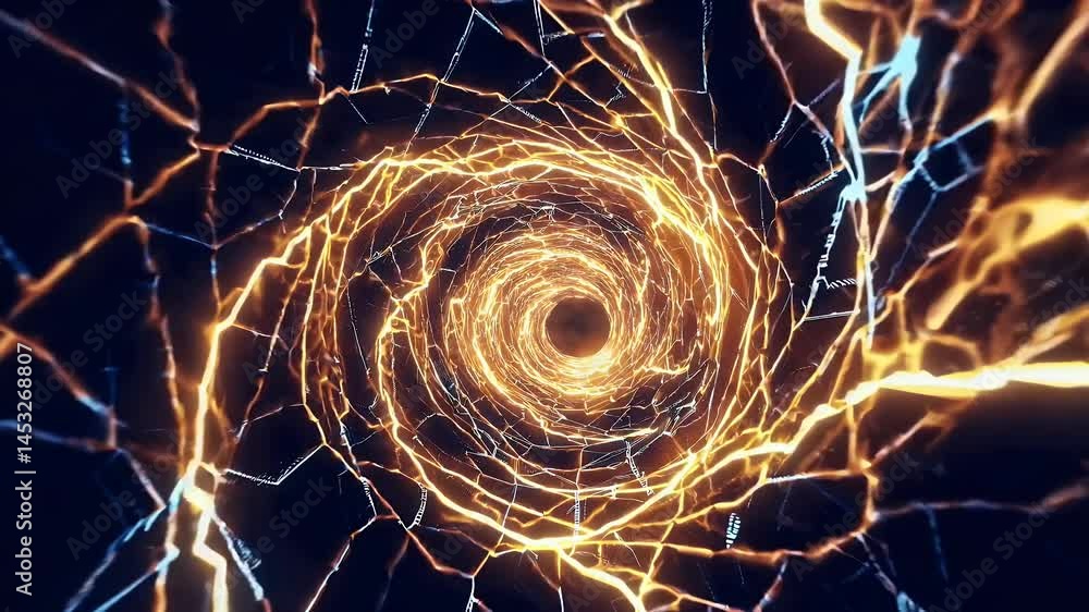 Poster infinite glowing cyber tunnel loop golden vortex spirals representing fast paced energy flow wormhol
