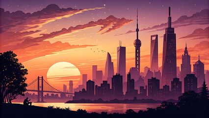Obraz premium Sunset Cityscape Silhouette Stunning Vector Illustration of Urban Skyline at Dusk