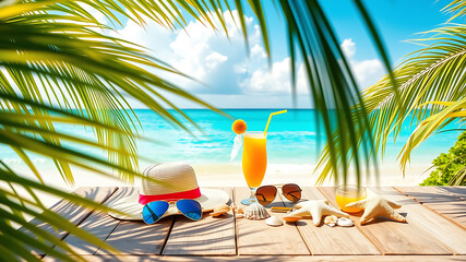 Tropical Beach Vacation Scene with Sunglasses Hat and Cocktails