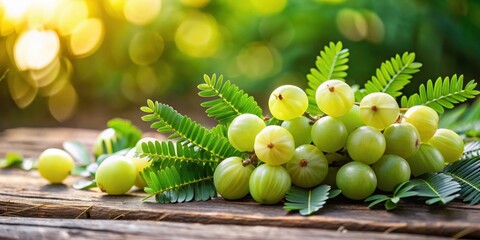Close-up of fresh amla fruit with green leafy branches and flowers , plant, nature,  plant, nature