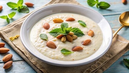 Creamy kheer dessert topped with sliced almonds and a sprinkle of cardamom powder on a white plate, surrounded by a few fresh mint leaves, kheer, sweet