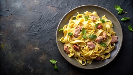 Plate of tagliatelle pasta with tuna and artichokes on a dark table , plate of food, dinner,  plate of food, dinner, close-up