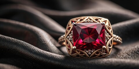 Obraz premium Dark brown diamond cut cushion style ruby gemstone on black velvet background with intricate gold filigree and subtle sparkle, filigree, sparkle