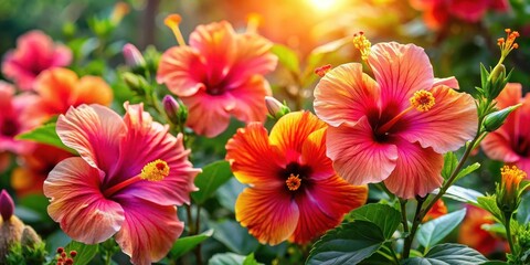 Fototapeta premium Hibiscus flowers bloom in bright shades of pink orange yellow and red as they unfurl their large showy petals in the warm sunlight, blossoms, botany