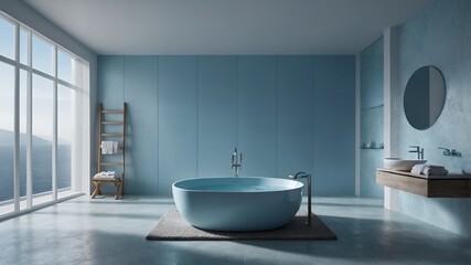Modern Minimalist Bathroom Design Ocean View Freestanding Tub Blue Walls Concrete Floor