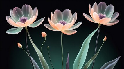 Translucent flowers with delicate petals in an elegant, minimalist composition black background3
