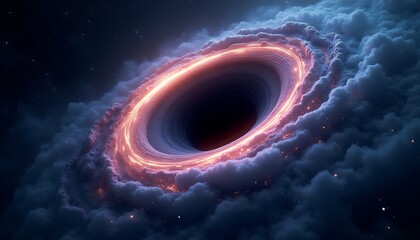 Mystical black hole surrounded by cosmic clouds and ethereal light