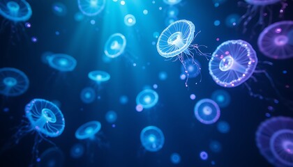 Elegant illuminated jellyfish drifting peacefully in the deep blue ocean