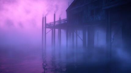 A mysterious wooden structure extending out above reflective water