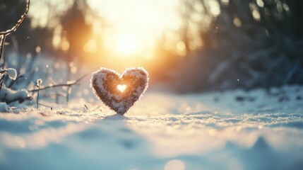 Fototapeta premium A snowy landscape showing a frosted heart with sunlight in the distance