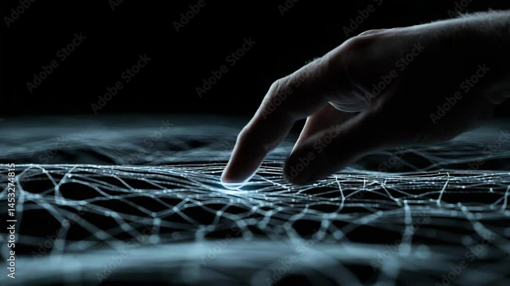 Poster a hand touches a glowing digital network surface, symbolizing interaction with technology or data co