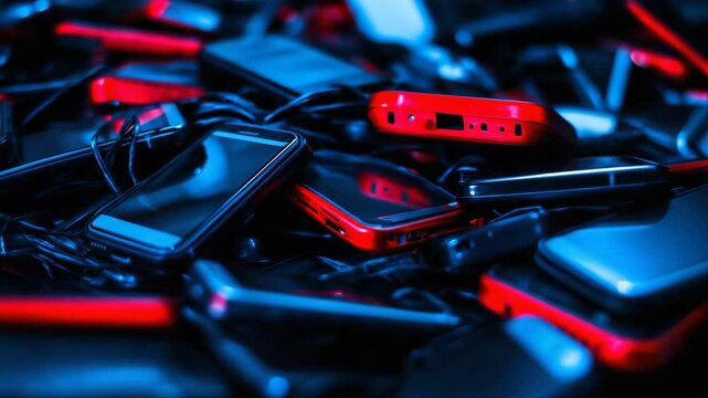 A pile of old smartphones and feature phones in blue and red lighting, suggesting electronic waste.