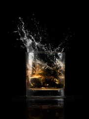 Splashing Whiskey in Glass with Ice on Black Background