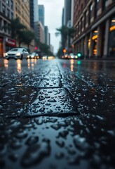 wet street with cars and buildings in the background