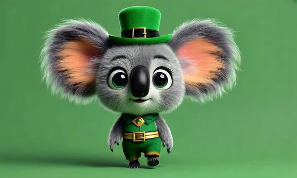 Video of a cute chibi koala dressed in a tiny green St. Patrick&rsquo;s Day outfit dancing happily on green screen