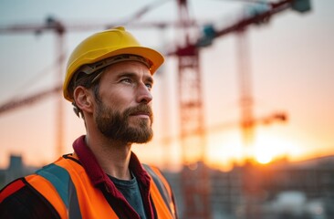 Construction Worker in Safety Gear Looks Upward on Site with Cranes at Sunset in the Background