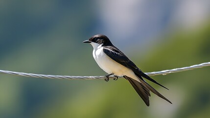 Obraz premium House Martin (Delichon urbicum) on Wire, Birds of Montenegro. Graceful Swallow with Distinctive White Rump and Blue-Black Plumage